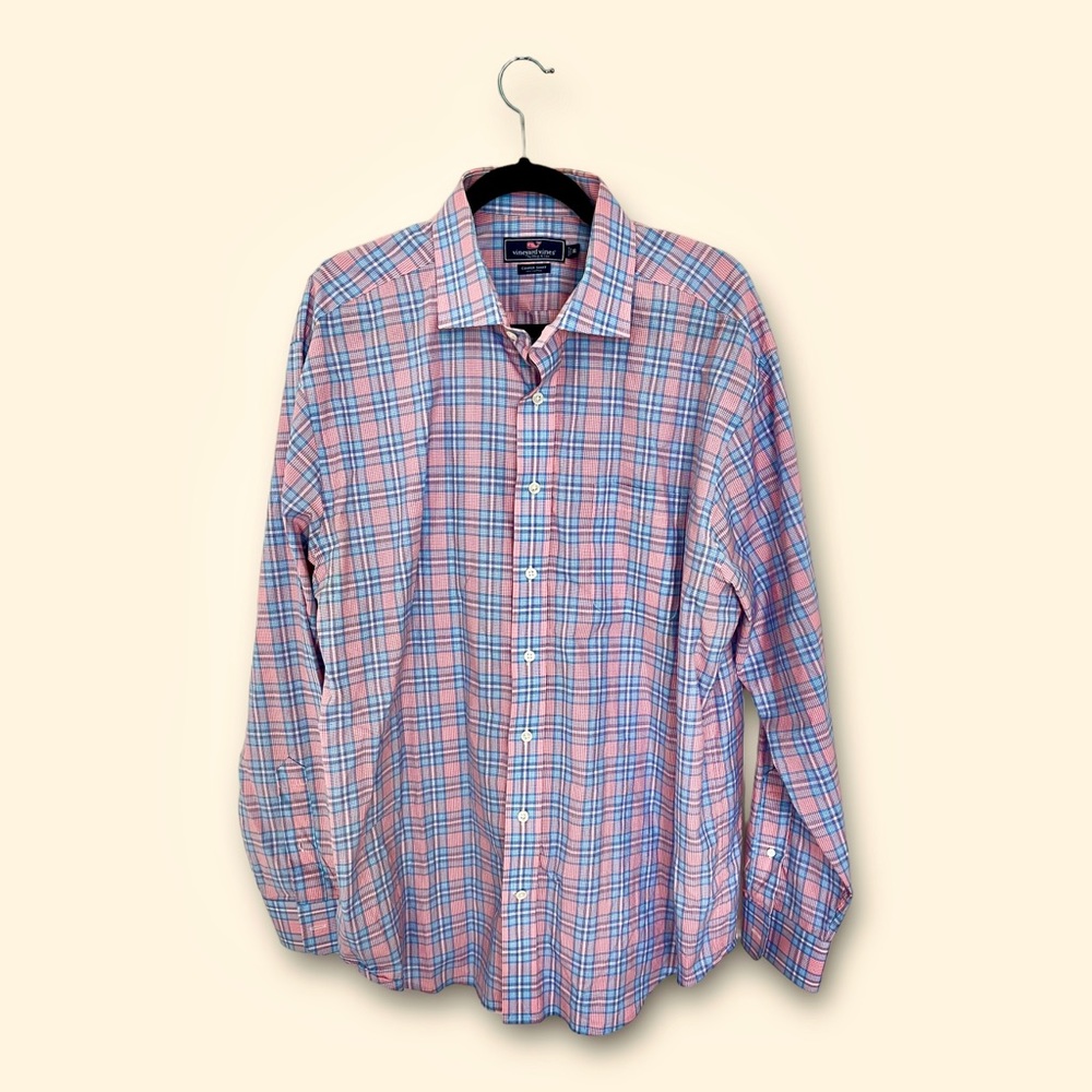 Vineyard Vines Cooper Shirt Men's XL Long Sleeve Plaid Checkered Pink Blue‎ ✅